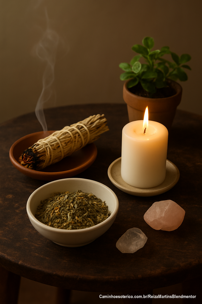 Esta imagem representa a essência do Ritual de Limpeza e Purificação: uma mesa sagrada onde os quatro elementos se unem para libertar, renovar e elevar a energia. A vela branca ilumina o espaço com o fogo da transformação, a fumaça suave da sálvia purifica o ambiente como o ar que leva embora o velho, as ervas sagradas trazem a força da terra que acolhe e limpa, e os cristais irradiam equilíbrio e cura.

É um convite visual para iniciar seu próprio processo de renascimento — um portal energético que inspira calma, poder e intenção.

✨ Entre para a Comunidade Alquimia das Almas e aprenda a realizar seus rituais com profundidade, presença e proteção.
💎 Assine agora e ative a sua força alquímica interior.