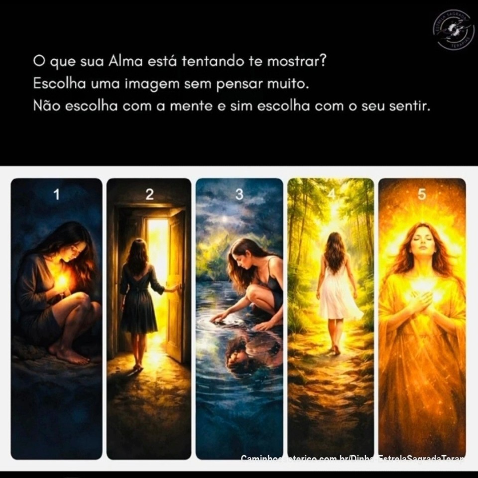 Teste projetivo para autoconhecimento! O que sua alma quer te mostrar ! 

https://youtube.com/shorts/FfFuVLHMFrg?si=ulggbKCKp4UkHpB5

*1- Você buscando sua luz!*
Você tem se mantido forte mesmo no cansaço, guarda dores não expressadas. A luz indica potencial de cura já ativo. 
Ela revela: Você querendo sustentar tudo sozinha. 
Sua alma pede para não desistir de si, mesmo estando cansada. 

*2- Você diante de uma porta entreaberta!*
Você sente que algo precisa mudar. Existe medo do novo, mas, mais medo ainda de continuar. 
A porta simboliza escolha consciente.
Ela revela: Você está em fase de transição emocional. 
Sua alma pede coragem para sair do conhecido mesmo com medo. 

*3 - Você olhando seu reflexo !*
Esta imagem trás conflito de identidade, dificuldade de se reconhecer, busca por autenticidade
Ela revela: Quem você se perdeu para agradar.
Sua Alma pede para você se reconhecer sem máscaras. 

*4- Você caminhando descalça na  natureza!*
Seu desejo de Liberdade está ativo, necessidade de reconexão com o seu feminino, cura através do corpo e do sentir.
Ela Revela: Você pronta para retomar o seu próprio poder.
Sua Alma e seu coração anseiam por liberdade e pertencimento. 

*5- Você sendo envolvida por sua própria luz!*
Seu processo de cura esta em andamento, vc tem proteção espiritual e encerramento de ciclos dolorosos
Ela revela : O seu despertar espiritual.
Sua Alma já está em processo de cura e despertar.
