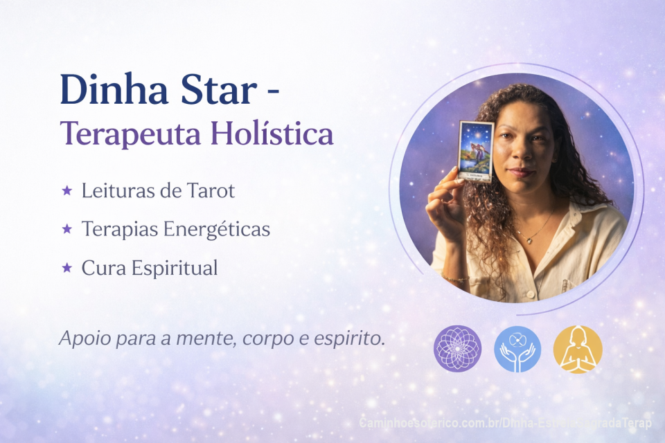 Eu sou Dinha Star — Terapeuta Holística.
Realizo leituras intuitivas com oráculos, cartas. Sou guiada pela espiritualidade, trazendo tendências, reflexões e conselhos para seu momento.
Atuo com a radiestesia e terapias energéticas com as mesas radiônicas para limpeza, harmonização e transmutação de energia.
Também disponibilizo e-books claros, leves e de fácil compreensão.
Meu propósito é acolher, orientar e auxiliar na sua transformação pessoal.
Agende seu atendimento 💫
Gratidão e beijos estrelados ✨